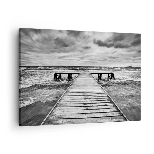 Vászonkép - Fekete-fehér kép egy fából készült mólóról a viharos tenger felett. - 70x50cm - Várom, hogy elűzze a szél... - Modern fali dekoráció nappalihoz és hálószobához ARTTOR