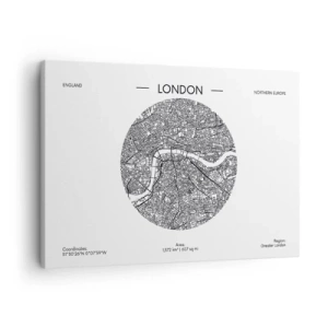 Vászonkép - London minimalista térképe fekete-fehérben, precíz részletekkel. - 70x50cm - London anatómiája - Modern fali dekoráció nappalihoz és hálószobához ARTTOR