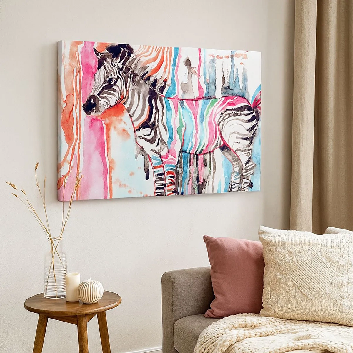 Vászonkép - Egy színes zebra absztrakt akvarell minták hátterében - 70x50cm - A természet gondtalan tréfája - Modern fali dekoráció nappalihoz és hálószobához ARTTOR