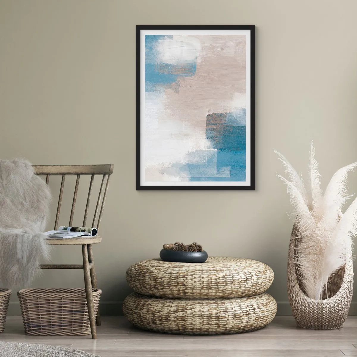 Poszter fehér keretben - Absztrakt kompozíció kék és bézs árnyalatokban - 50x70cm - Rózsaszín absztrakció egy kék fátyol mögött - Modern fali dekoráció nappalihoz és hálószobához ARTTOR