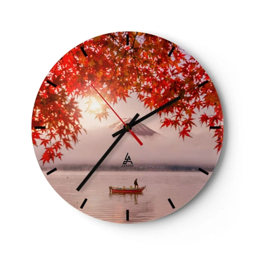 Falióra, Óra - Őszi levelek a Fuji-heggyel a háttérben és egy csónakkal a tavon - 30x30cm - Japán hangulatban - Modern fali dekoráció nappalihoz, konyhához és hálószobához ARTTOR