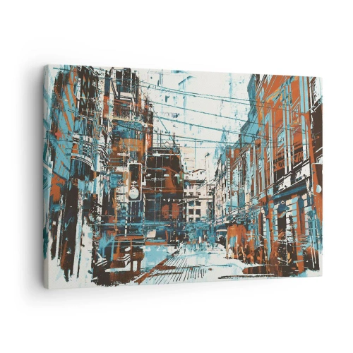 Vászonkép - Városkép kék és narancssárga árnyalatokban - 70x50cm - Egy kopott városi ösvény - Modern fali dekoráció nappalihoz és hálószobához ARTTOR