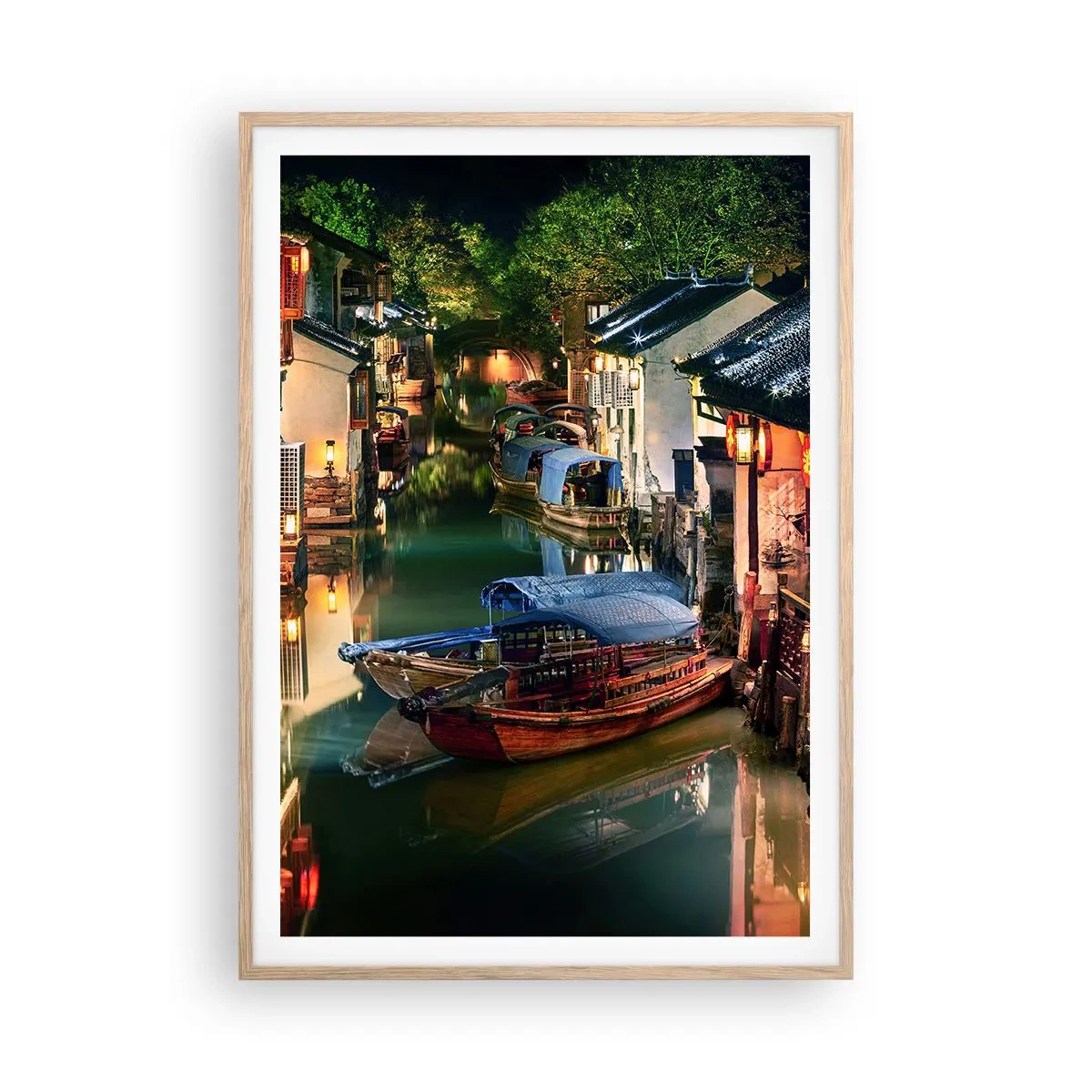 Poszter világos tölgy keretben - Este egy kínai utcán - 70x100 cm