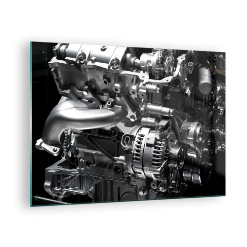 Üveg kép - Fémmotor részletei fekete háttéren - 70x50cm - Acél, szép, erős - Modern fali dekoráció nappalihoz és hálószobához ARTTOR