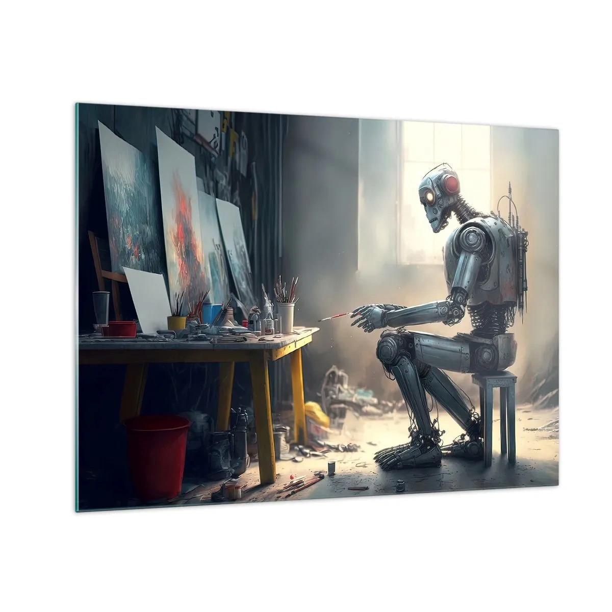 Üveg kép - Egy robot képeket fest egy művészeti stúdióban - 70x50cm - Az alkotás aktusa - Modern fali dekoráció nappalihoz és hálószobához ARTTOR