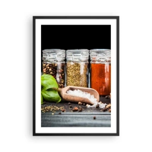 Poszter fehér keretben - Fűszerek üvegben sötét háttér előtt - 50x70cm - Hogy az életnek legyen íze - Modern fali dekoráció nappalihoz és hálószobához ARTTOR