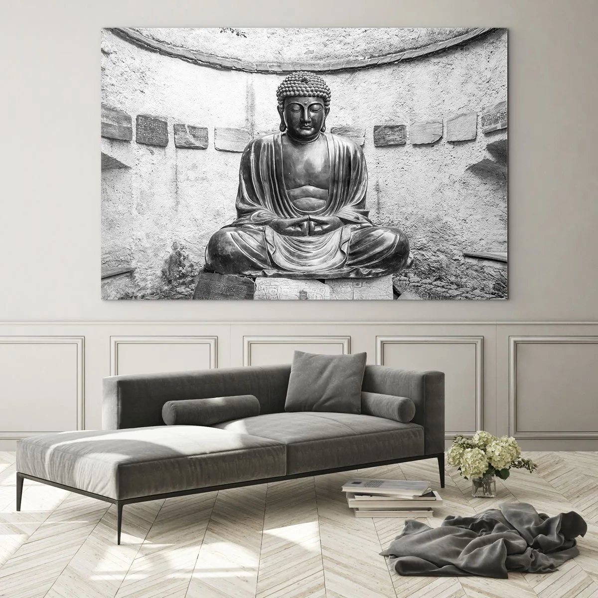 Üveg kép - Fekete-fehér Buddha-szobor meditatív pózban - 70x50cm - A béke forrásánál - Modern fali dekoráció nappalihoz és hálószobához ARTTOR