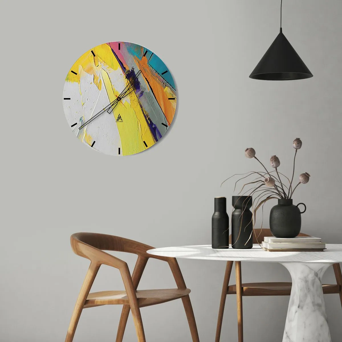 Falióra, Óra - Színes absztrakció, túlnyomórészt sárga, fehér és kék színekkel - 30x30cm - A fény anatómiája - Modern fali dekoráció nappalihoz, konyhához és hálószobához ARTTOR