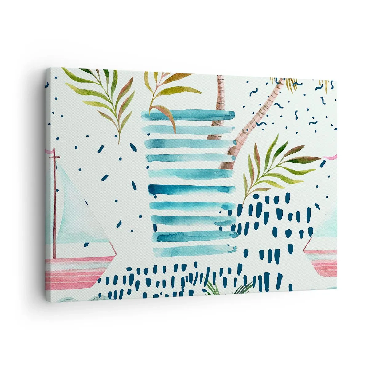 Vászonkép - Absztrakt minta pálmafákkal és tengerészeti díszítésekkel - 70x50cm - Nyaralás pálmafák alatt - Modern fali dekoráció nappalihoz és hálószobához ARTTOR