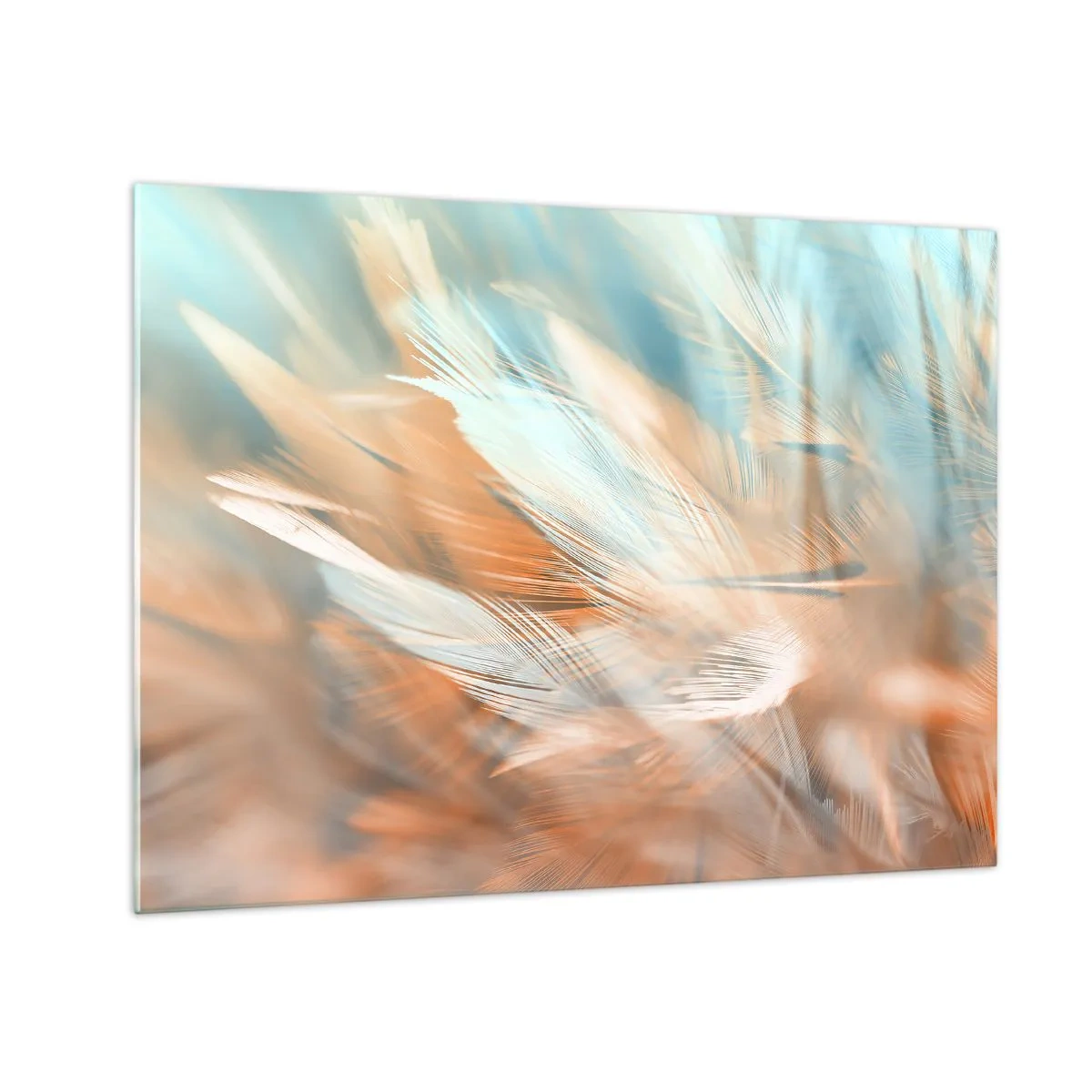 Üveg kép - Finom tollak türkiz és barack pasztell árnyalataiban - 70x50cm - A szelídség földjén - Modern fali dekoráció nappalihoz és hálószobához ARTTOR