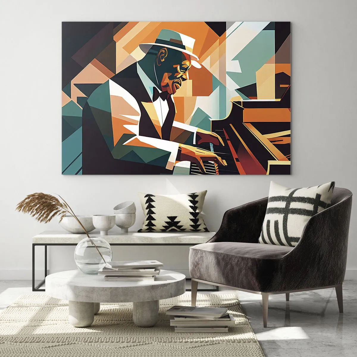 Üveg kép - Egy dzsessz stílusú zongorista színes portréja - 70x50cm - Minden, ami jazz - Modern fali dekoráció nappalihoz és hálószobához ARTTOR