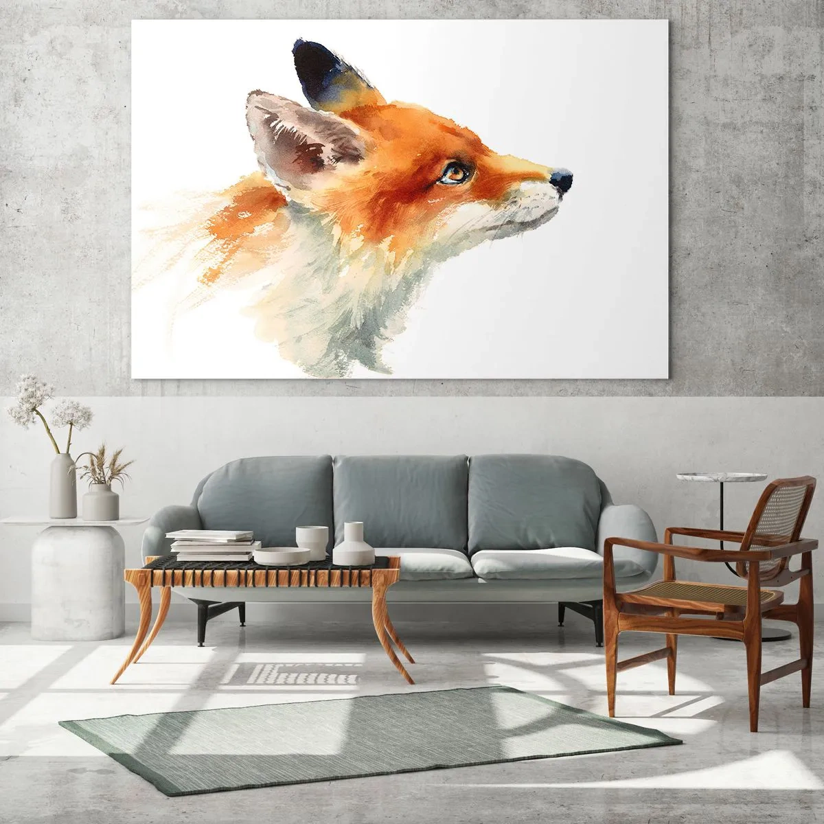 Üveg kép - Akvarell illusztráció egy távolba néző rókáról - 70x50cm - Óvatosság az első - Modern fali dekoráció nappalihoz és hálószobához ARTTOR