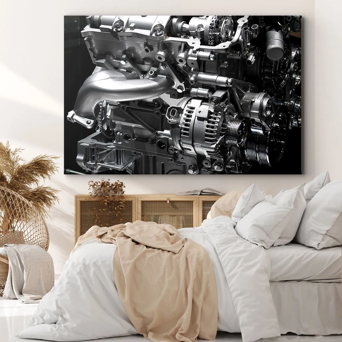 Vászonkép - Fém motoralkatrészek közeli képe fekete háttéren - 70x50cm - Acél, szép, erős - Modern fali dekoráció nappalihoz és hálószobához ARTTOR