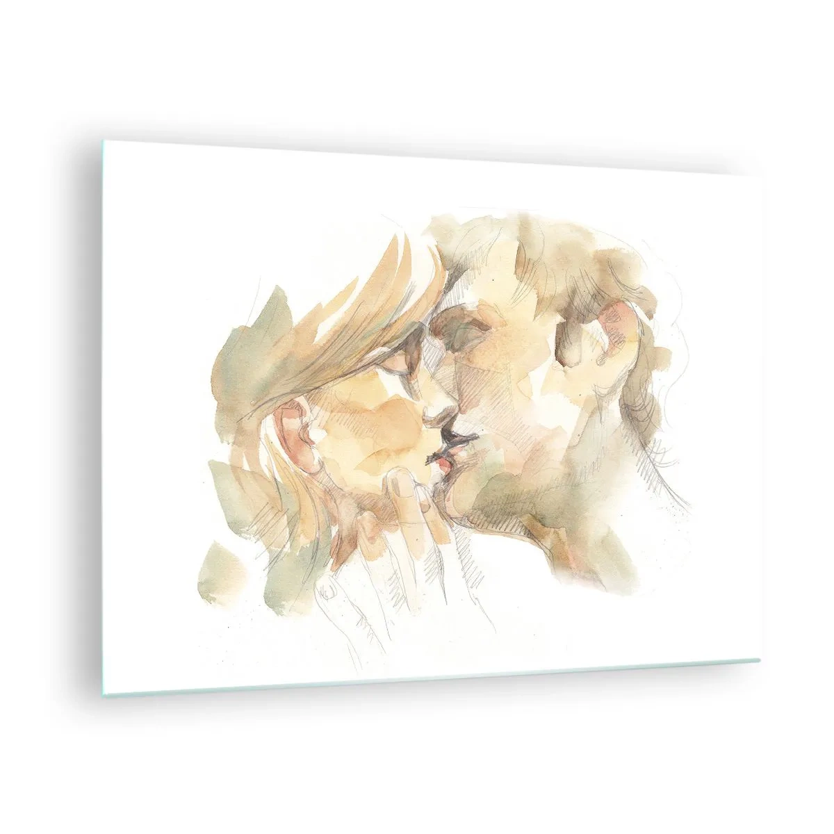Üveg kép - Romantikus akvarellfestmény egy szerelmesek csókjáról - 70x50cm - Meglelt másik fél? - Modern fali dekoráció nappalihoz és hálószobához ARTTOR