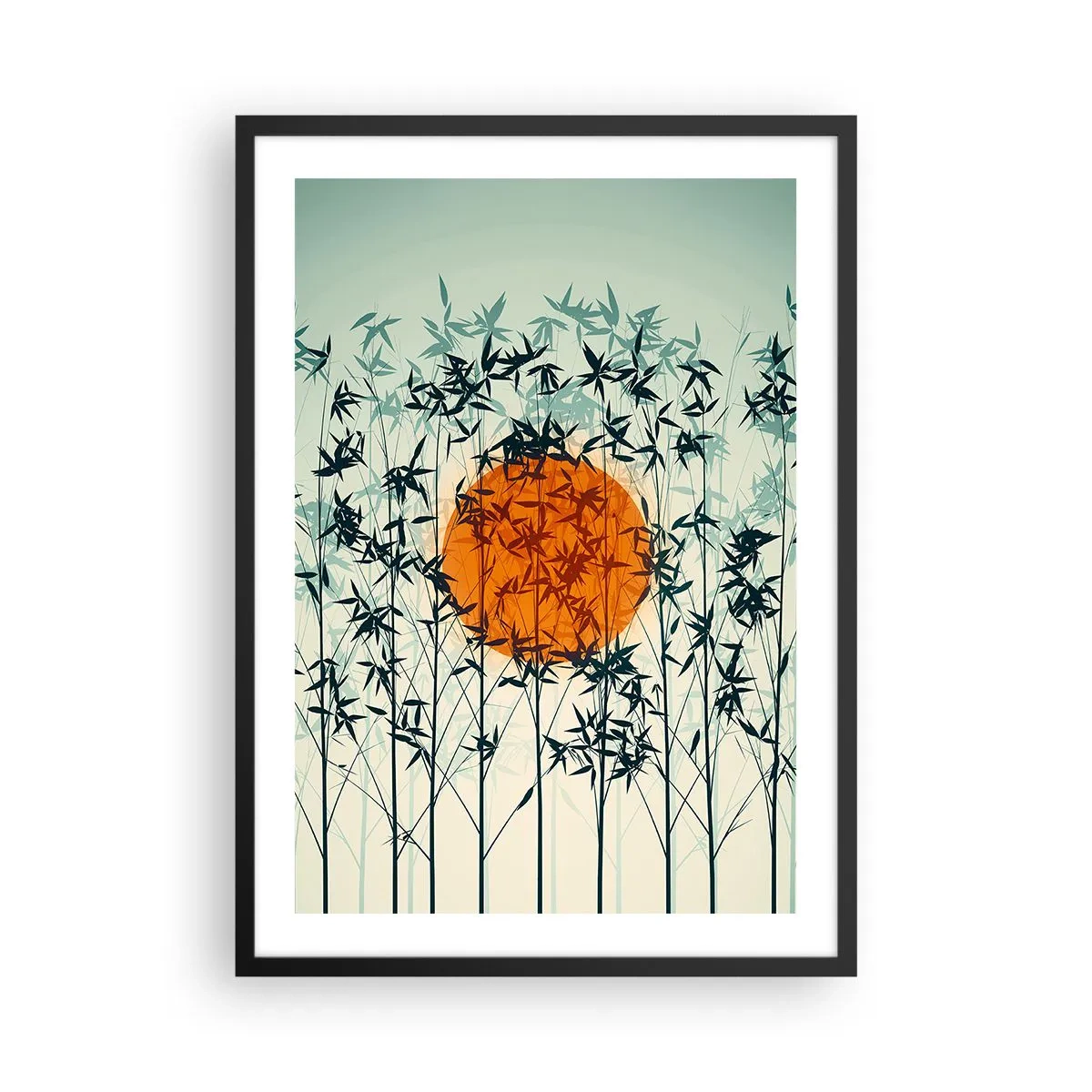 Poszter fehér keretben - A nap a bambuszágak mögött - 50x70cm - Japán nap - Modern fali dekoráció nappalihoz és hálószobához ARTTOR