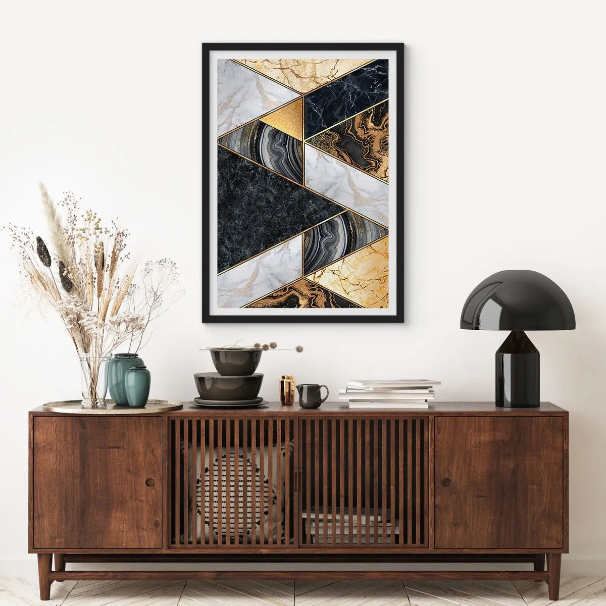Poszter fehér keretben - Márványgeometria arany, fekete és fehér árnyalatokban - 50x70cm - Kőről kőre - Modern fali dekoráció nappalihoz és hálószobához ARTTOR