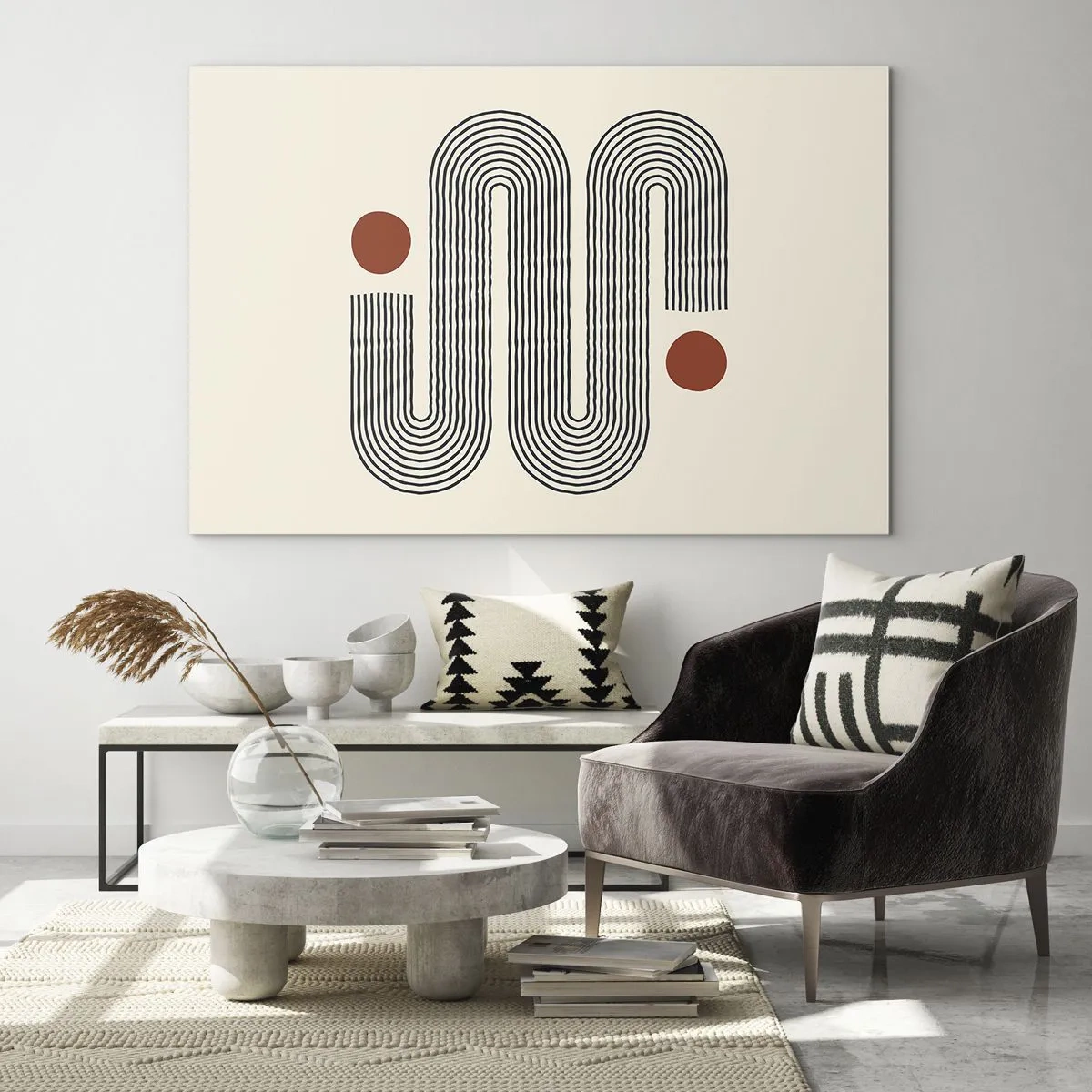 Üveg kép - Minimalista vonalminta piros pöttyökkel - 70x50cm - Elejétől végéig - Modern fali dekoráció nappalihoz és hálószobához ARTTOR