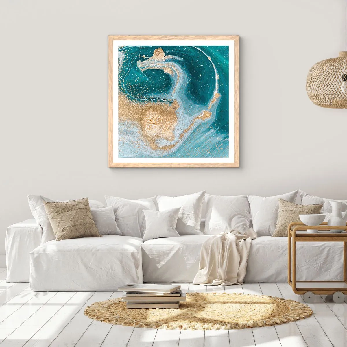 Poszter világos tölgy keretben - Arany és türkiz örvénye - 30x30 cm