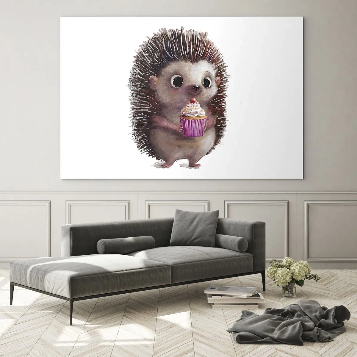 Üveg kép - Egy aranyos sündisznó cupcake-kel fehér alapon - 70x50cm - Ünnep van minden nap - Modern fali dekoráció nappalihoz és hálószobához ARTTOR
