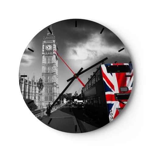 Falióra, Óra - Big Ben és egy brit zászló motívummal ellátott busz - 30x30cm - Büszke és nagy - Modern fali dekoráció nappalihoz, konyhához és hálószobához ARTTOR