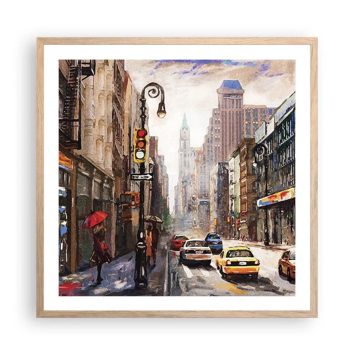 Poszter világos tölgy keretben - New York – esőben is színes - 60x60 cm