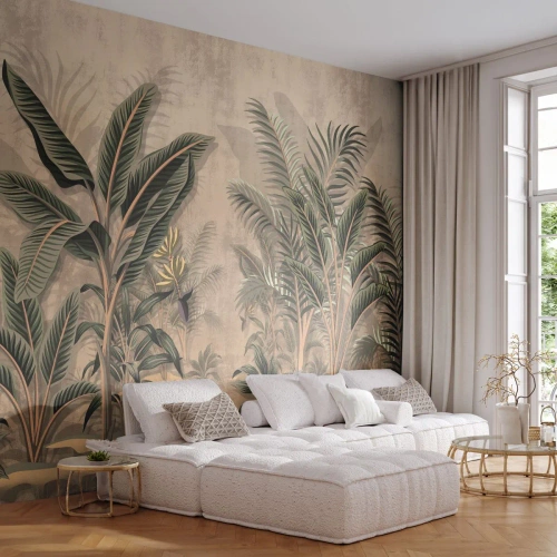 Fotótapéta Premium Sand - Gyarmati stílusú metszet - Trópusi erdő, Kókuszpálma, Banánfa - 100x70 cm