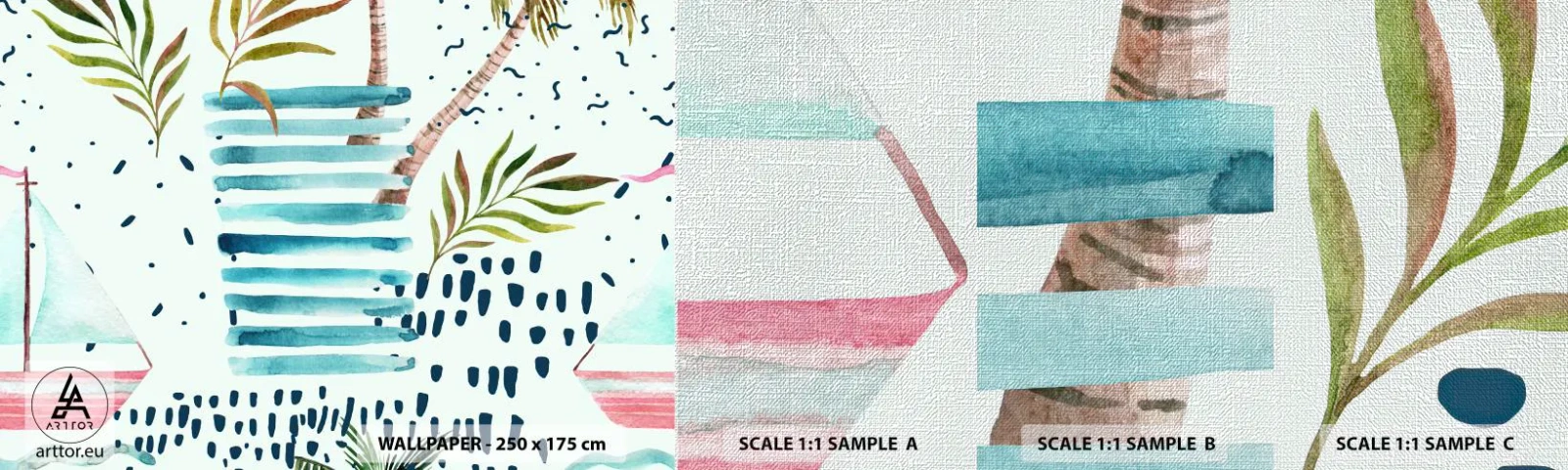 Fotótapéta Minta Premium Canvas - Nyaralás pálmafák alatt - Akvarellek, Kókuszpálma, Vitorlás - 100x30 cm