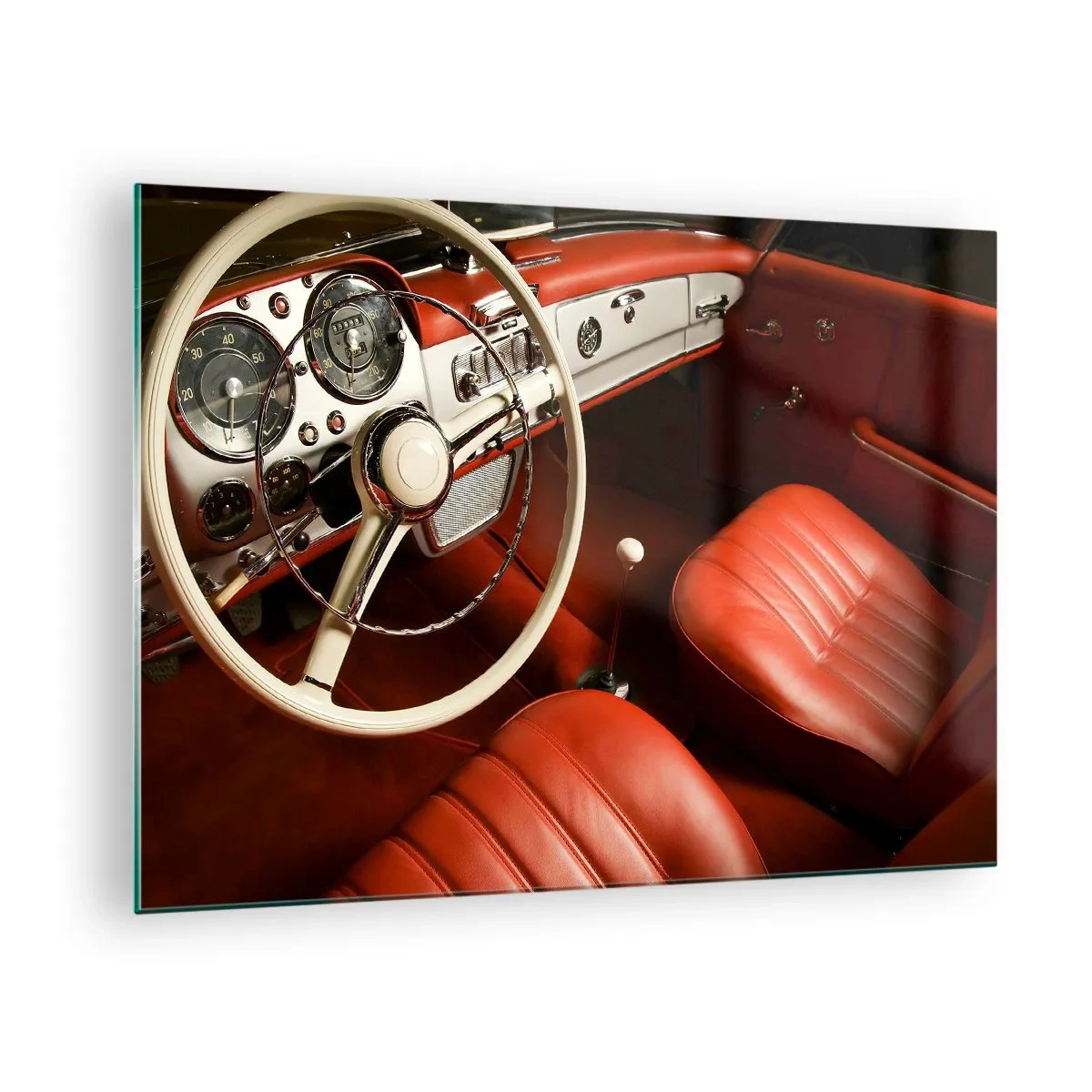 Üveg kép - Klasszikus autóbelső piros ülésekkel - 70x50cm - Luxus vintage stílusban - Modern fali dekoráció nappalihoz és hálószobához ARTTOR