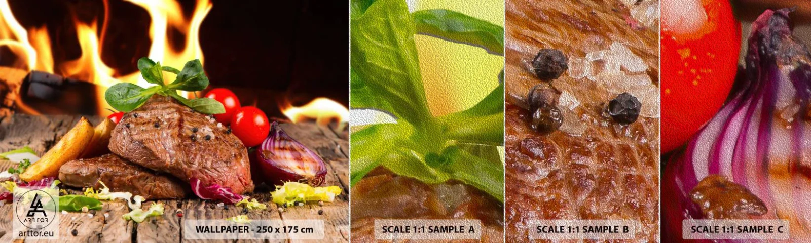 Fotótapéta Minta Premium Sand - Parázzsal elővarázsolva - Gasztronómia, steak, A tűz lángjai - 100x30 cm