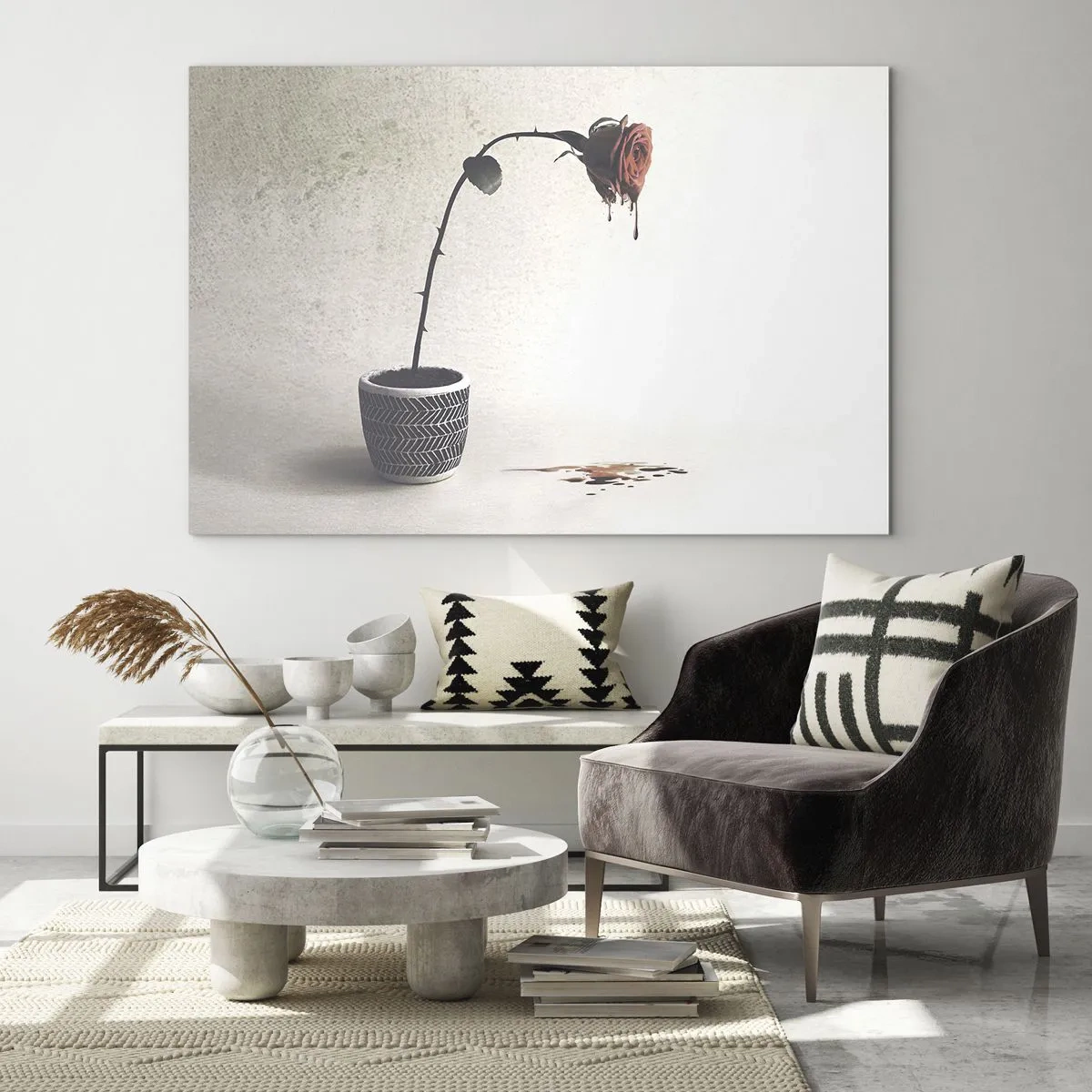 Üveg kép - Egy szimbolikus rózsa egy csöpögő festékkel borított cserépben - 70x50cm - Rosa dolorosa - Modern fali dekoráció nappalihoz és hálószobához ARTTOR