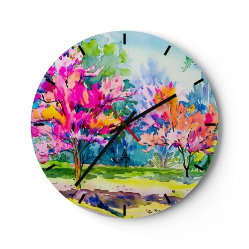 Falióra, Óra - Akvarell tájkép színes fákkal - 30x30cm - Szivárvány kert a tavaszi fényben - Modern fali dekoráció nappalihoz, konyhához és hálószobához ARTTOR