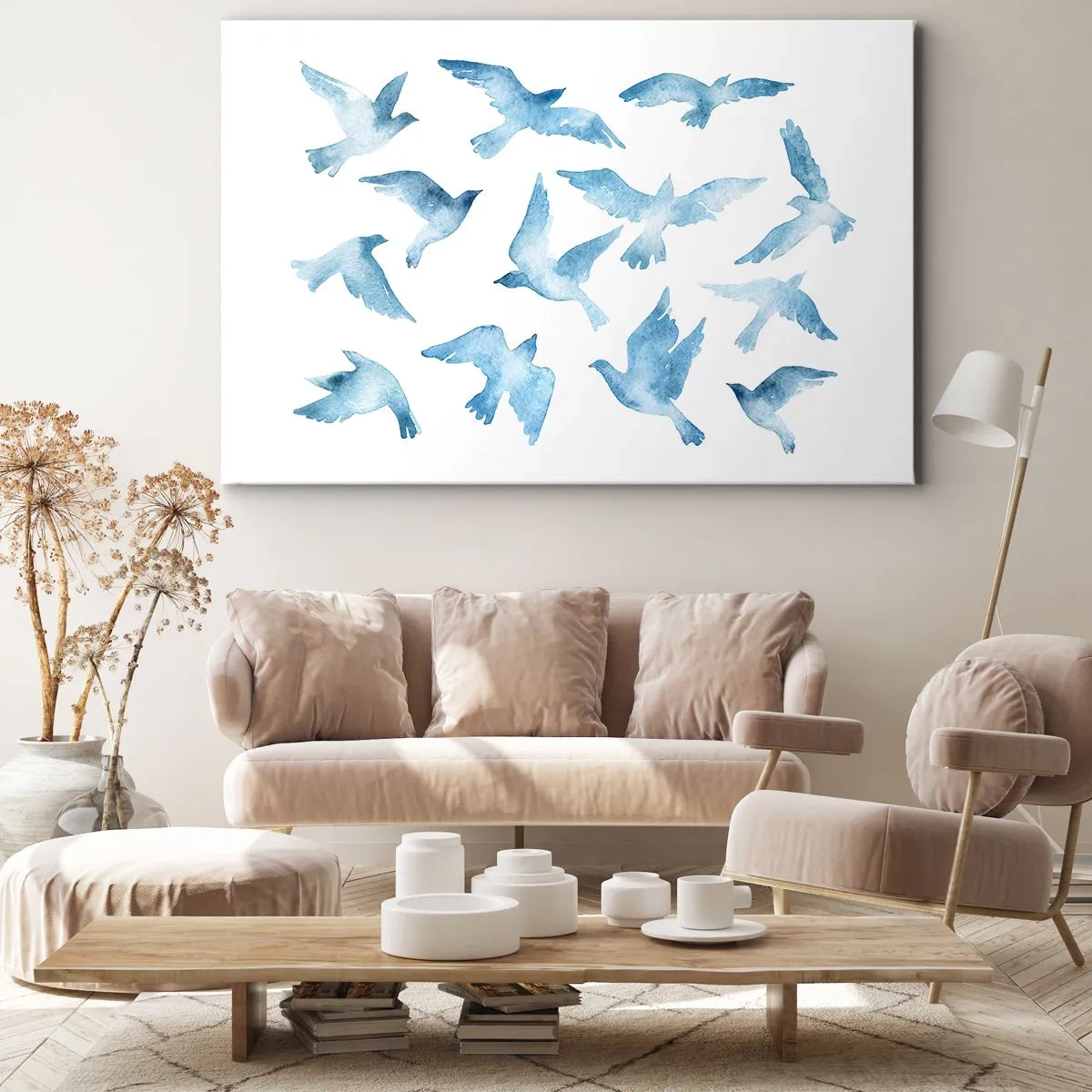 Vászonkép - Repülő madarakat ábrázoló finom akvarell - 70x50cm - Kék madarak - Modern fali dekoráció nappalihoz és hálószobához ARTTOR