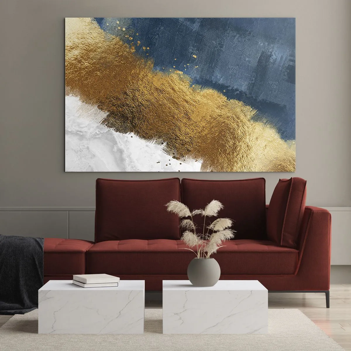 Üveg kép - Arany festékecskék sötétkék és fehér alapon - 70x50cm - A nyár árnyalatai - Modern fali dekoráció nappalihoz és hálószobához ARTTOR