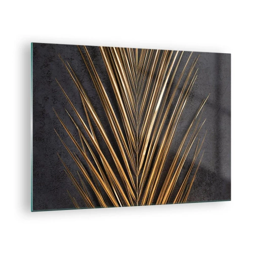 Üveg kép - Arany pálmalevél sötét háttér előtt - 70x50cm - A trópusok aranya - Modern fali dekoráció nappalihoz és hálószobához ARTTOR