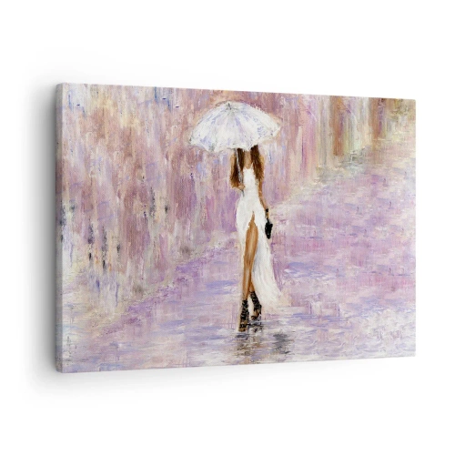 Vászonkép - Egy nő esernyővel sétál az esőben, lila árnyalatokban. - 70x50cm - A liliomos esőben - Modern fali dekoráció nappalihoz és hálószobához ARTTOR