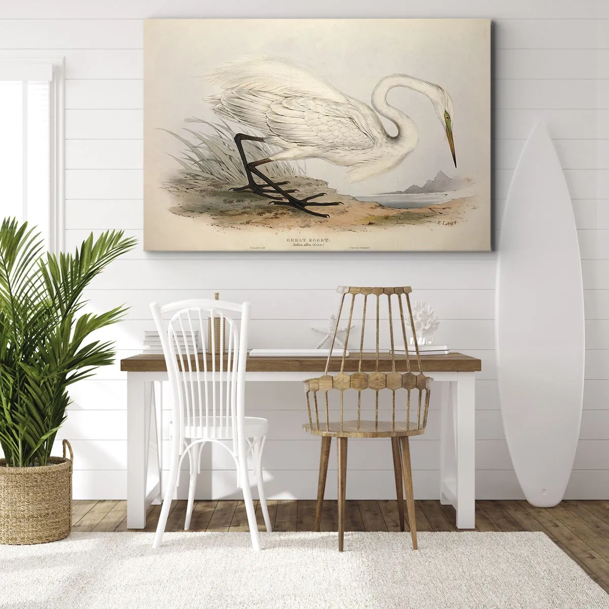 Vászonkép - Fehér gém rajza természetes táj háttér előtt - 70x50cm - Hölgy a nádasban - Modern fali dekoráció nappalihoz és hálószobához ARTTOR