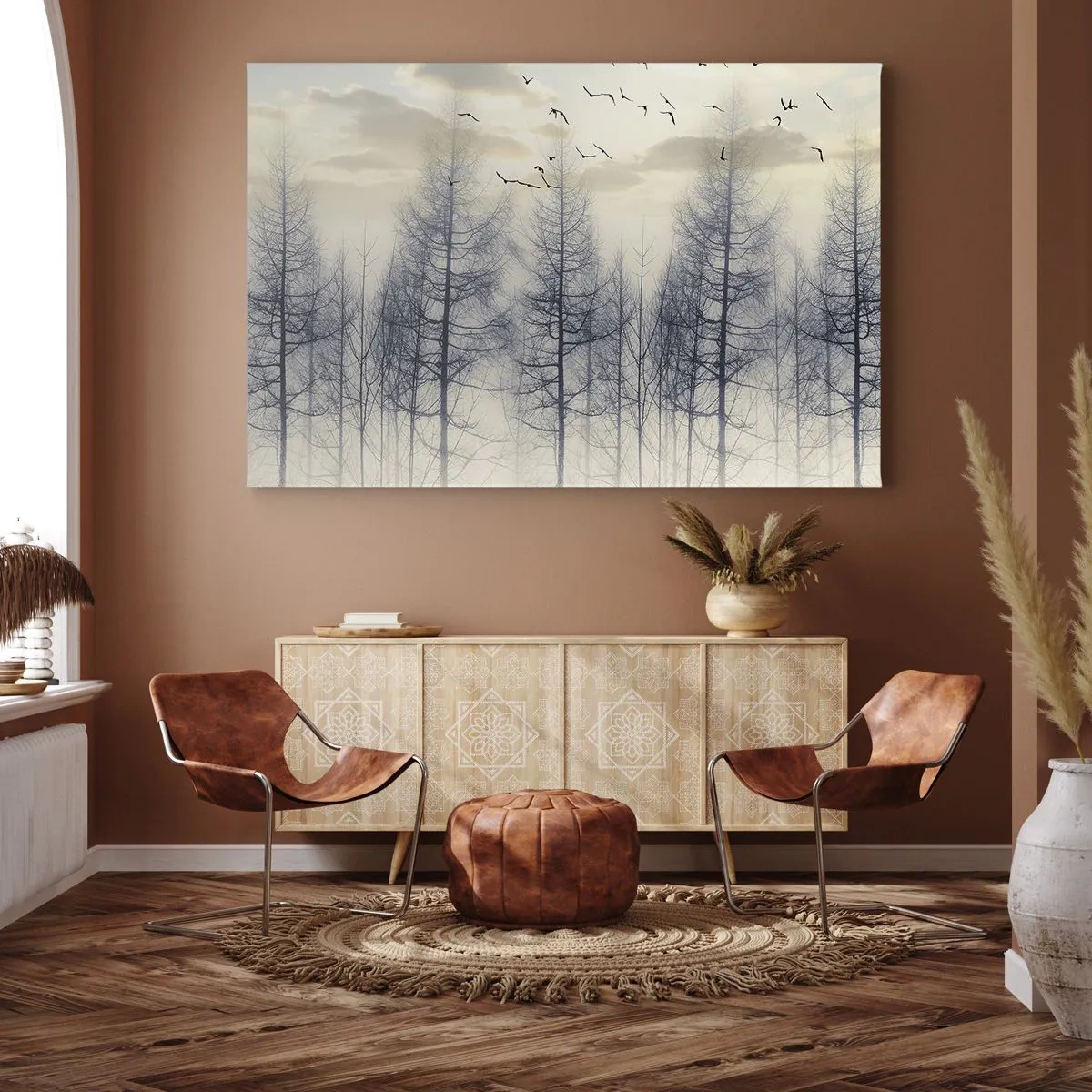 Vászonkép - Ködös erdő madarakkal a naplemente égbolton - 70x50cm - Erdei szellemek - Modern fali dekoráció nappalihoz és hálószobához ARTTOR