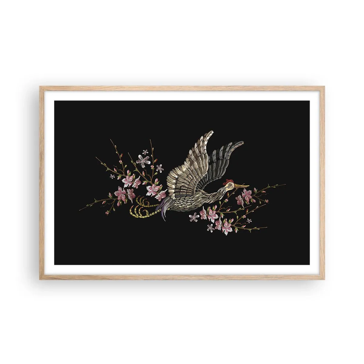 Poszter világos tölgy keretben - Egzotikus hímzett madár - 91x61 cm