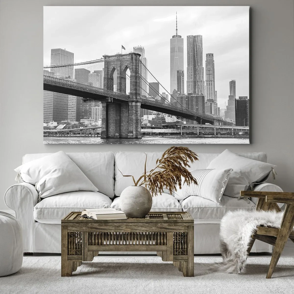 Vászonkép - Brooklyn híd, háttérben New York-i felhőkarcolókkal - 70x50cm - New York-i hangulat - Modern fali dekoráció nappalihoz és hálószobához ARTTOR