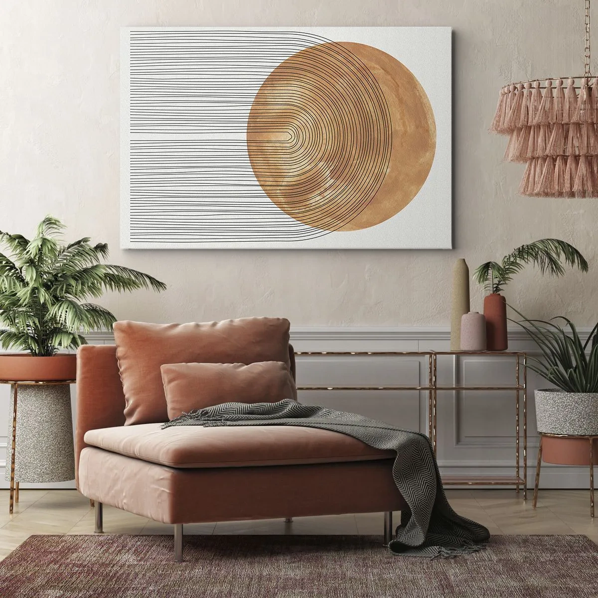 Vászonkép - Geometriai kompozíció meleg színű körökkel és vonalakkal. - 70x50cm - Egy napsütéses kompozíció - Modern fali dekoráció nappalihoz és hálószobához ARTTOR