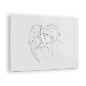 Üveg kép - Egy minimalista rajz egy romantikus csókban lévő párról - 70x50cm - Ugyanaz a vonalón - Modern fali dekoráció nappalihoz és hálószobához ARTTOR