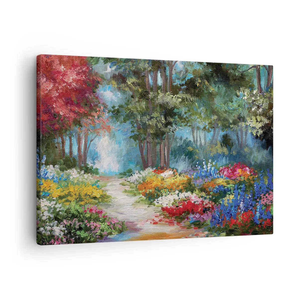 Vászonkép - Egy festői kert tele színes virágokkal és fákkal erdei környezetben - 70x50cm - Erdei kert, virágos erdő - Modern fali dekoráció nappalihoz és hálószobához ARTTOR