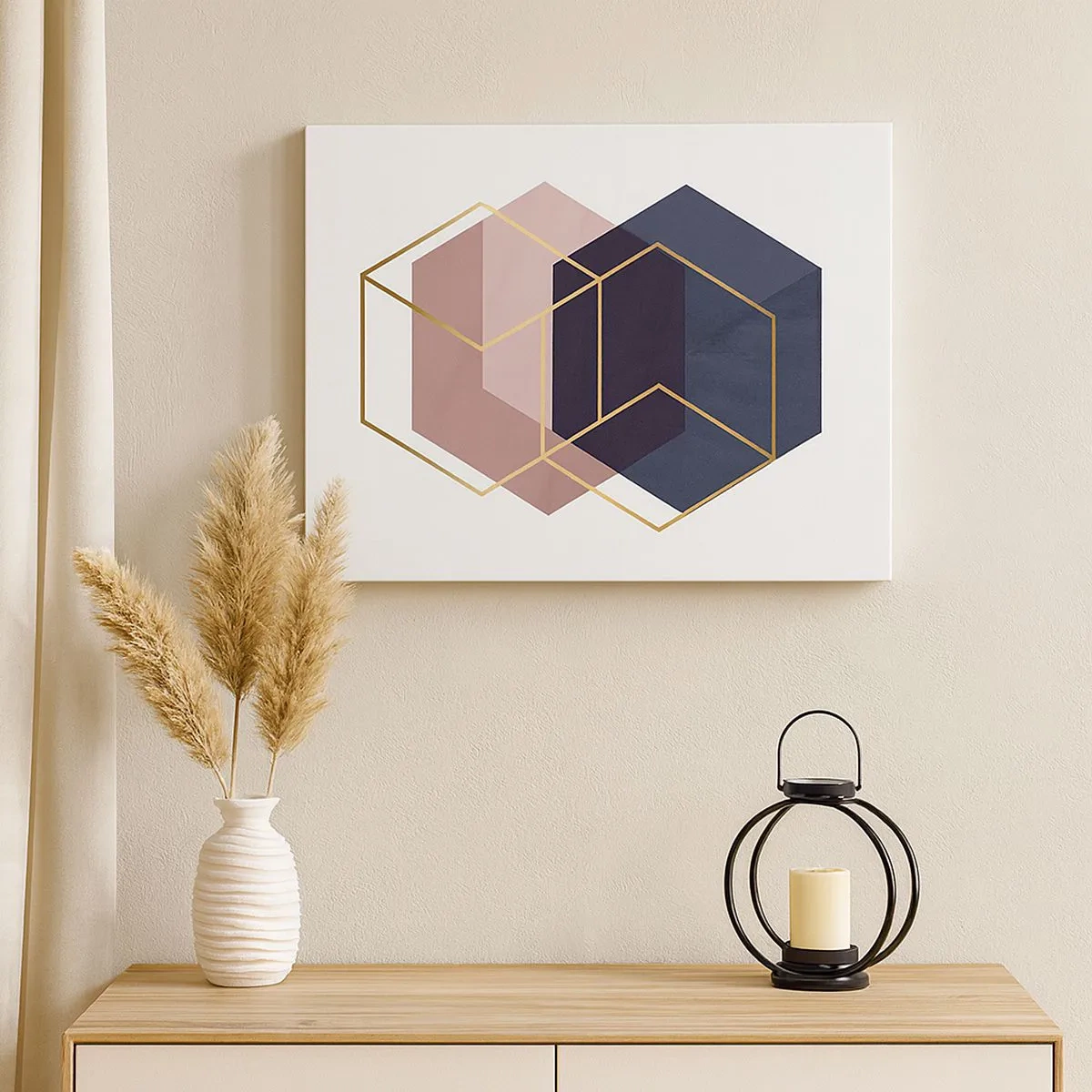Vászonkép - Geometriai alakzatok arany vonalakban pasztell alapon - 70x50cm - Az egyszerűség ereje - Modern fali dekoráció nappalihoz és hálószobához ARTTOR