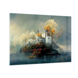 Üveg kép - Egy vár egy sziklán, köd és őszi fák veszik körül - 70x50cm - Egy romantikus történet kezdete - Modern fali dekoráció nappalihoz és hálószobához ARTTOR