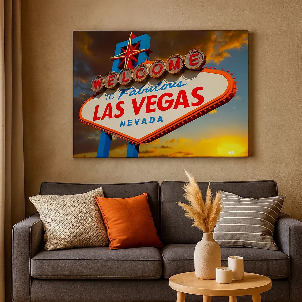 Vászonkép - A híres Üdvözöljük a mesés Las Vegasban felirat naplementekor - 70x50cm - A sors mosolyáért - Modern fali dekoráció nappalihoz és hálószobához ARTTOR