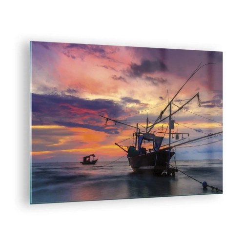 Üveg kép - Halászhajók a tengeren naplementekor - 70x50cm - Egzotikus este - Modern fali dekoráció nappalihoz és hálószobához ARTTOR