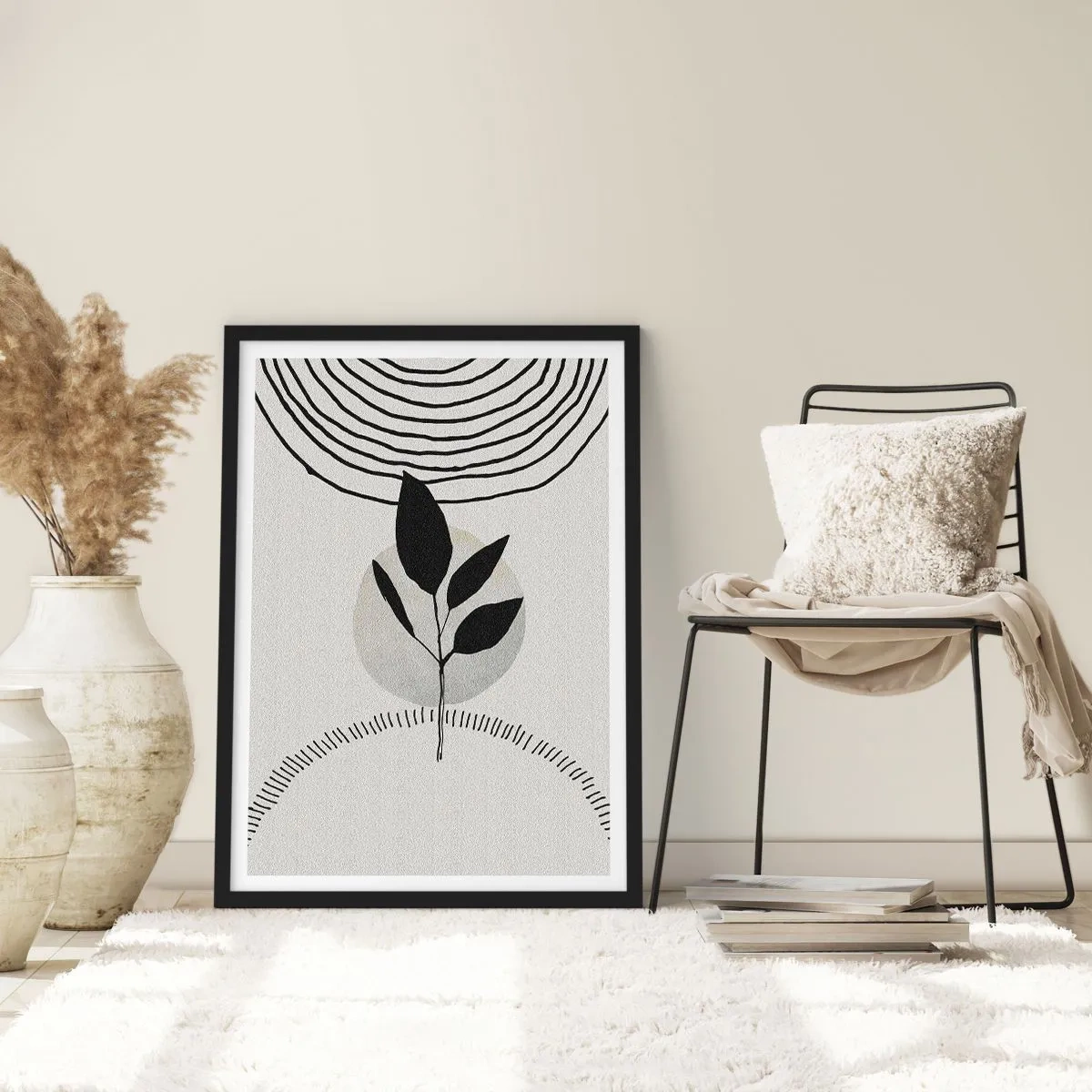 Poszter fehér keretben - Minimalista levél illusztráció geometrikus mintákkal - 50x70cm - Kompozíció: a természet rituáléi - Modern fali dekoráció nappalihoz és hálószobához ARTTOR