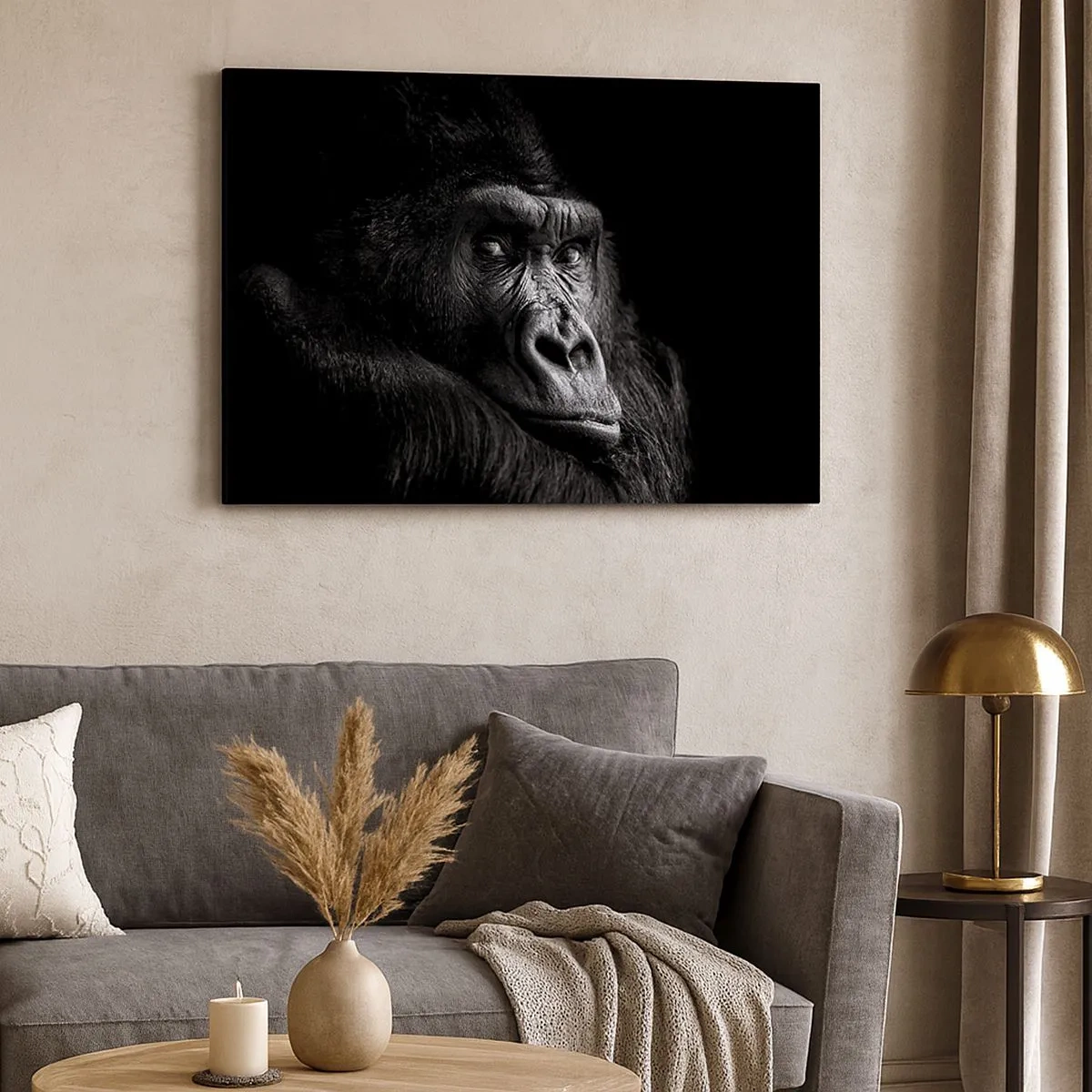 Vászonkép - Fekete-fehér portré egy fenséges gorilla - 70x50cm - Mit bámulsz? - Modern fali dekoráció nappalihoz és hálószobához ARTTOR
