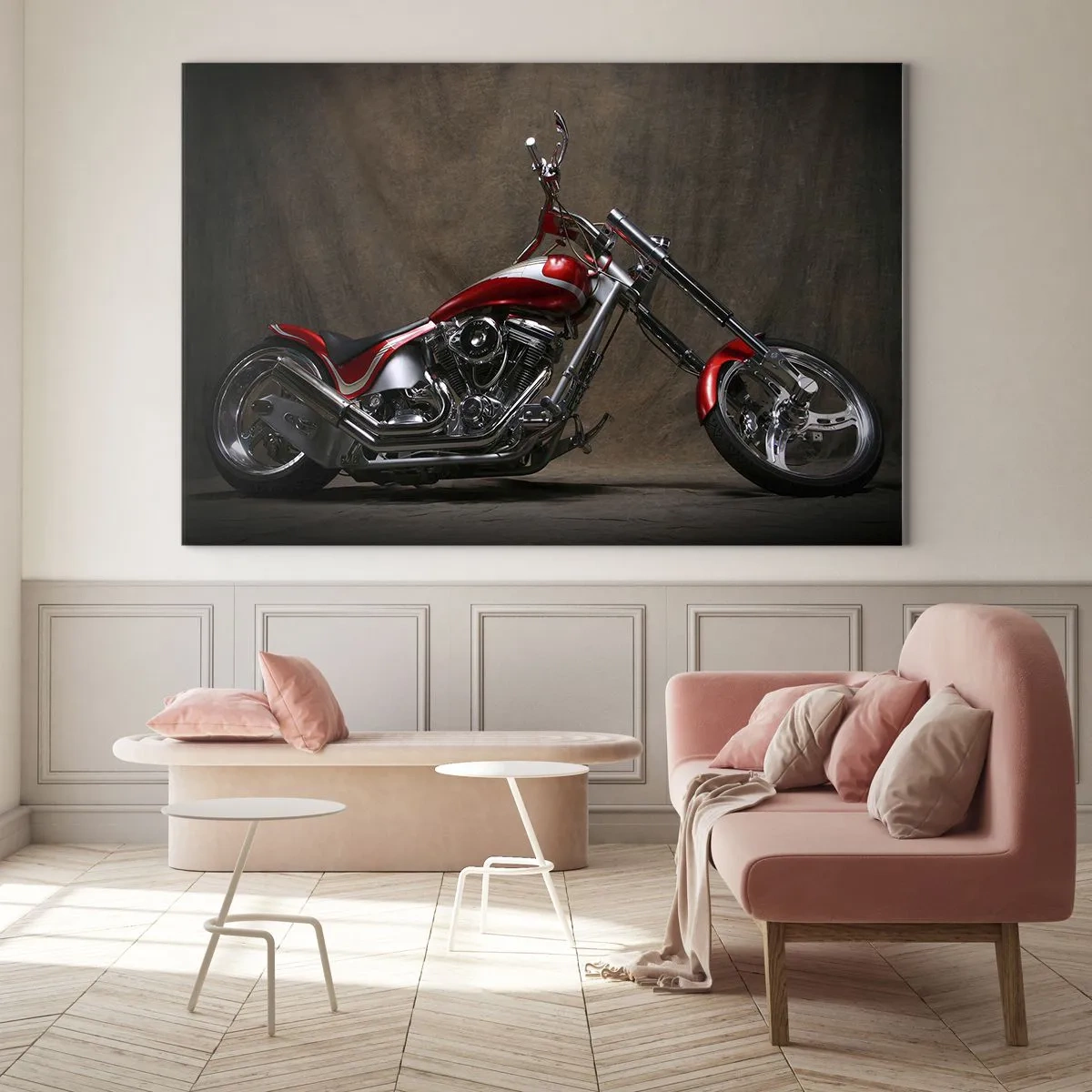 Üveg kép - Piros egyedi motorkerékpár sötét háttér előtt - 70x50cm - Vörös és ezüst szépség - Modern fali dekoráció nappalihoz és hálószobához ARTTOR