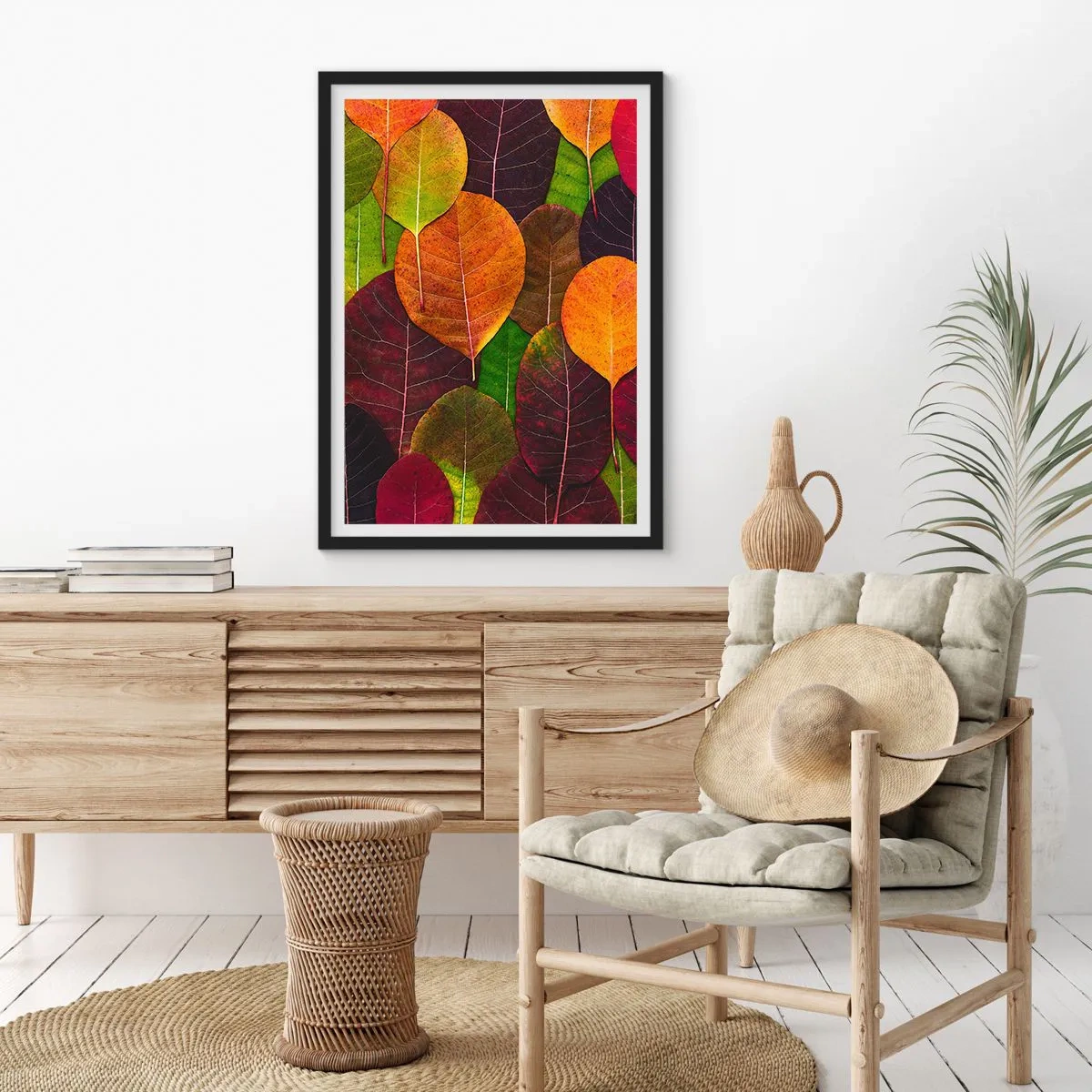 Poszter fehér keretben - Színes levelek zöld, narancs és piros árnyalataiban mozaikmintázatban elrendezve - 50x70cm - Őszi mozaik - Modern fali dekoráció nappalihoz és hálószobához ARTTOR